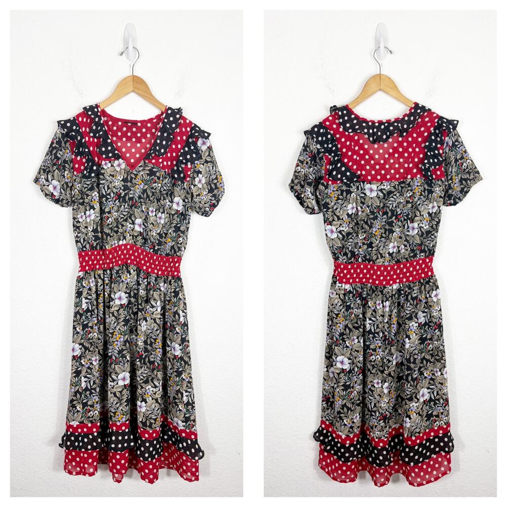 Vintage Diane Freis Floral Polka Dot Midi Dress Maximalist Ruffle Bohemian 80s